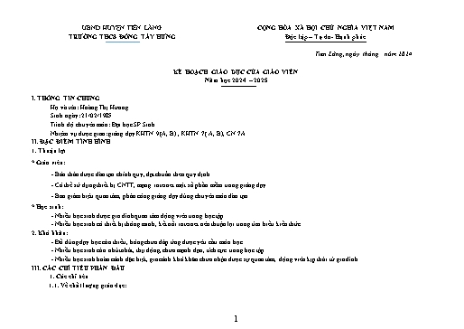 Kế hoạch giáo dục của giáo viên - Năm học 2024-2025 - Trường THCS Đông Tây Hưng