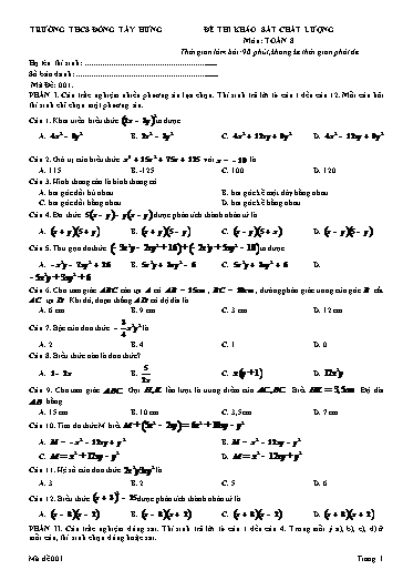 Đề khảo sát chất lượng môn Toán 8 - Đề 1 - Trường THCS Đông Tây Hưng