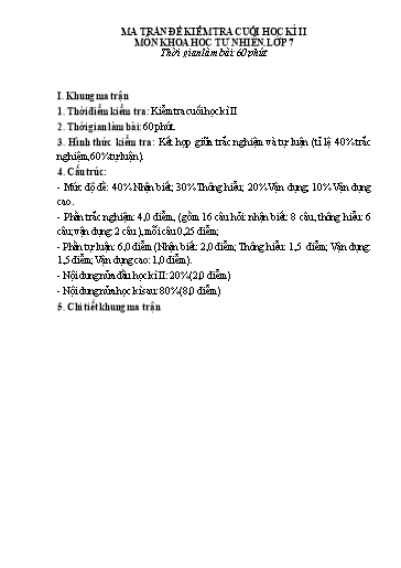 Đề kiểm tra cuối học kì 2 môn Khoa học tự nhiên 7 - Năm 2023-2024 - Trường THCS Đông Tây