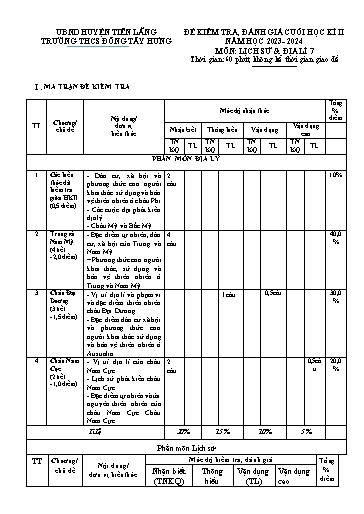 Đề kiểm tra cuối kì 2 môn Lịch sử và Địa lí 7 - Năm học 2023-2024 - Trường THCS Đông Tây Hưng (Có đáp án + Ma trận)