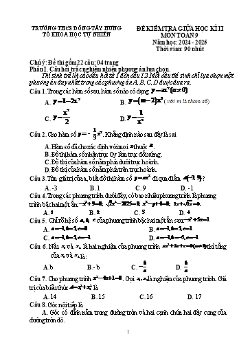 Đề kiểm tra cuối kì 2 môn Toán 9 - Năm học 2024-2025 - Trường THCS Đông Tây Hưng (Có đáp án + Ma trận)