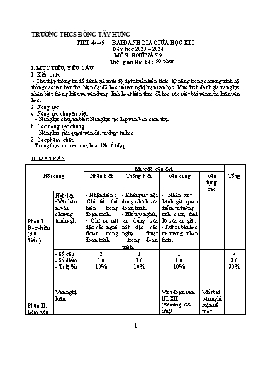 Đề kiểm tra đánh giá giữa học kì 1 môn Ngữ văn 9 - Năm học 2023-2024 - Năm học 2023-2024 - Trường THCS Đông Tây Hưng (Có đáp án + Ma trận)