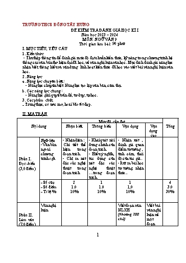 Đề kiểm tra đánh giá học kì 1 môn Ngữ văn 9 - Năm học 2023-2024 - Trường THCS Đông Tây Hưng (Có đáp án + Ma trận)