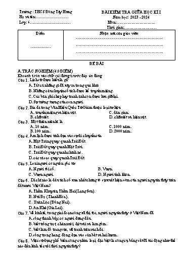 Đề kiểm tra giữa học kì 1 môn Lịch sử và Địa lí 6 - Năm học 2023-2024 - Trường THCS Đông Tây Hưng