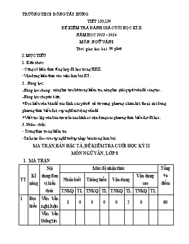 Đề kiểm tra giữa học kì 1 môn Ngữ văn 8 - Năm học 2023-2024 - Trường THCS Đông Tây Hưng (Có đáp án + Ma trận)