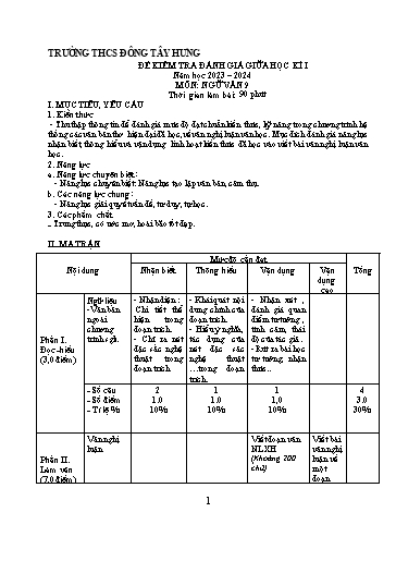 Đề kiểm tra giữa học kì 1 Ngữ văn 9 - Năm học 2023-2024 - THCS Đông Tây Hưng (Có đáp án + Ma trận)