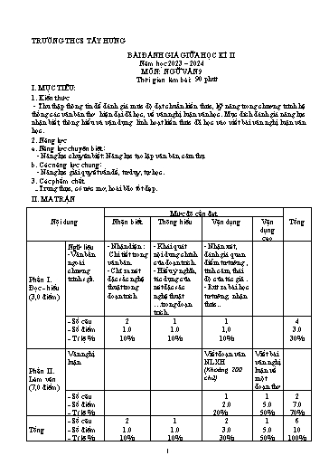 Đề kiểm tra giữa học kì 2 môn Ngữ văn 9 - Năm ho Phạm Thị Thu (Có đáp án + Ma trận)