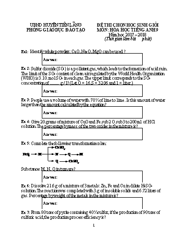 Đề thi chọn học sinh giỏi môn Hóa học Tiếng Anh 9 - Năm 2017-2018 - PGD&ĐT Tiên Lãng (Đáp án)