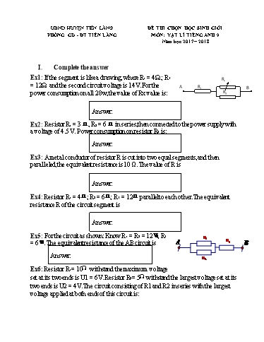 Đề thi chọn học sinh giỏi môn Vật lí Tiếng Anh 9 - Năm 2017- 2018 - PGD&ĐT Tiên Lãng (Có đáp án)