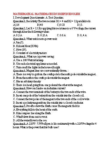 Đề thi chọn học sinh giỏi môn Vật lí Tiếng Anh 9 - Trường THCS Đông Tây Hưng (Có đáp án + Ma trận)