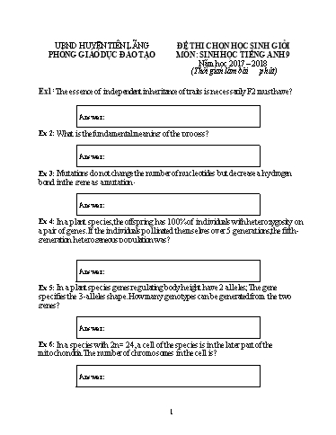 Đề thi chọn học sinh giỏi Sinh học Tiếng Anh 9 - Năm học 2017-2018 - PGD&ĐT Tiên Lãng