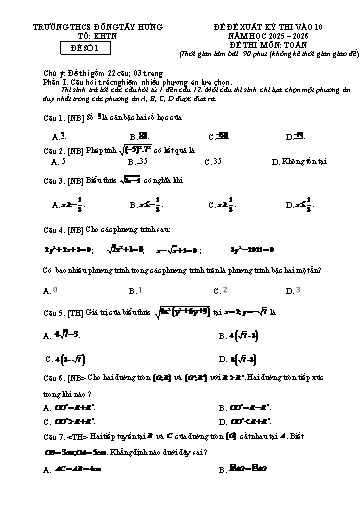 Đề thi vào lớp 10 môn Toán - Năm học 2025-2026 - Trường THCS Đông Tây Hưng (Có đáp án)