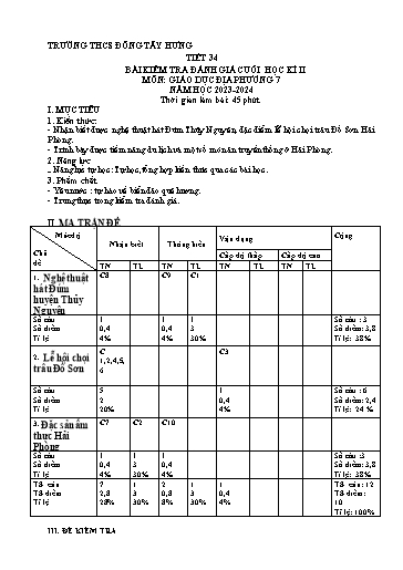 Giáo án Giáo dục địa phương 7 - Tiết 34 - Bài kiểm tra đánh giá cuối học kì 2 - Năm học 2023-2024 - Trường THCS Đông Tây Hưng