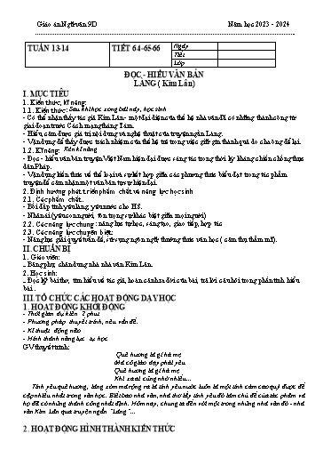 Giáo án Ngữ văn 9 (Kết nối tri thức) - Bài: Đọc hiểu văn bản "Làng" - Năm học 2023-2024 - Trường THCS Đông Tây Hưng