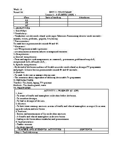 Giáo án Tiếng Anh 6 - Tuần 19 - Unit 7: Television - Lesson 2 - Trường THCS Đông Tây Hưng