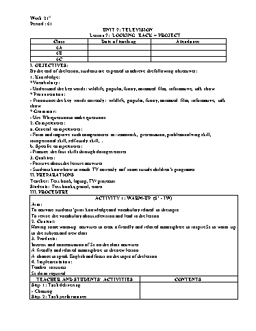Giáo án Tiếng Anh 6 - Unit 7: Televison - Lesson 7 - Trường THCS Đông Tây Hưng