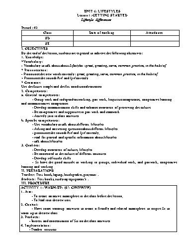 Giáo án Tiếng Anh 8 - Unit 6: Lifestyles - Lesson 1 - Trường THCS Đông Tây Hưng