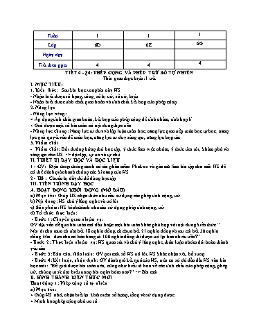 Giáo án Toán 6 (Kết nối tri thức) - Tiết 4 - Bài 4: Phép cộng và phép trừ số tự nhiên - Trường THCS Đông Tây Hưng