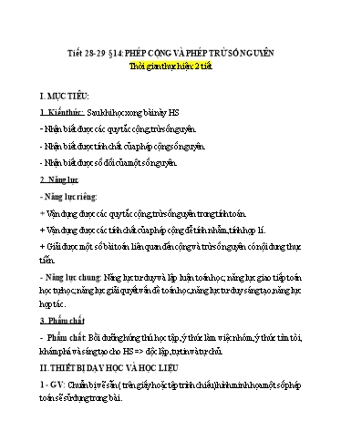 Giáo án Toán 6 - Tiết 28+29 - Bài 14: Phép cộng và phép trừ số nguyên - Trường Trung học cơ sở Đông Tây Hưng