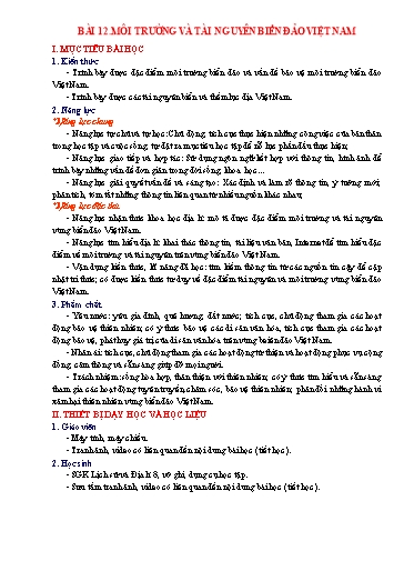 Kế hoạch bài dạy Địa lí 8 - Bài 12: Môi trường và tài nguyên biển đảo Việt Nam - Trường Trung học cơ sở Đông Tây Hưng