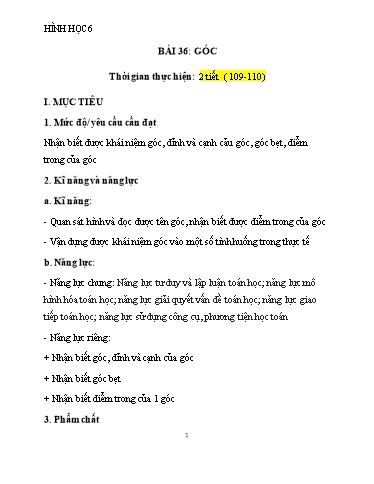 Kế hoach bài dạy Toán 6 (Hình học) - Bài 36: Góc - Trường Trung học cơ sở Đông Tây Hưng