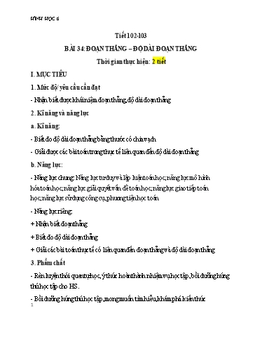 Kế hoạch bài dạy Toán 6 (Hình học) - Tiết 102+103 - Bài 34: Đoạn thẳng, độ dài đoạn thẳng - Trường Trung học cơ sở Đông Tây Hưng