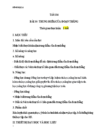 Kế hoạch bài dạy Toán 6 (Hình học) - Tiết 104 - Bài 35: Trung điểm của đoạn thẳng - Trường Trung học cơ sở Đông Tây Hưng