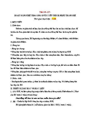 Kế hoạch bài dạy Toán 6 - Tiết 136+137 - Bài: Hoạt động thể thao nào được yêu thích nhất trong hè - Trường Trung học cơ sở Đông Tây Hưng