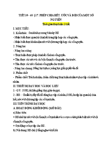 Kế hoach bài dạy Toán 6 - Tiết 39 - Bài 17: Phép chia hết, ước và bội của số nguyên - Trường Trung học cơ sở Đông Tây Hưng