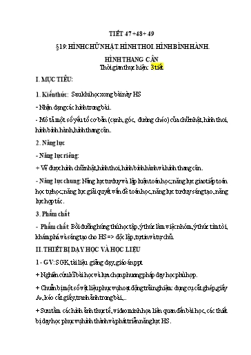 Kế hoach bài dạy Toán 6 - Tiết 47-49 - Bài 19: Hình chữ nhật, hình thoi, hình bình hành, hình thang cân - Trường Trung học cơ sở Đông Tây Hưng