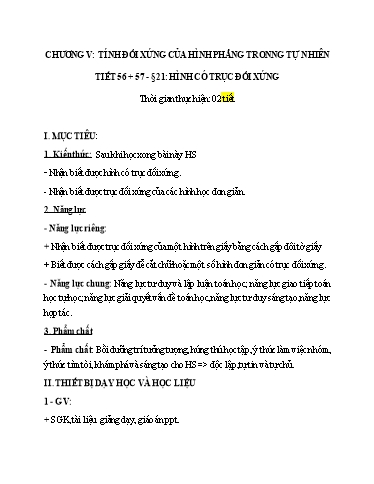 Kế hoach bài dạy Toán 6 - Tiết 56+57 - Bài 21: Hình có trục đối xứng - Trường Trung học cơ sở Đông Tây Hưng