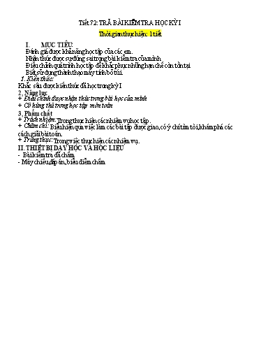 Kế hoach bài dạy Toán 6 - Tiết 72 - Bài: Trả bài kiểm tra học kì 1 - Trường Trung học cơ sở Đông Tây Hưng