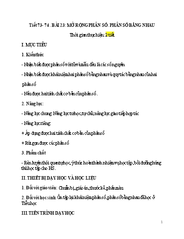 Kế hoach bài dạy Toán 6 - Tiết 73+74 - Bài 23: Mở rộng phân số, phân số bằng nhau - Trường Trung học cơ sở Đông Tây Hưng