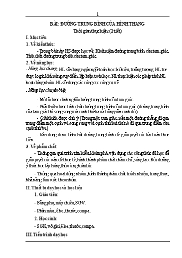 Kế hoạch bài dạy Toán 8 - Bài: Đường trung bình của hình thang - Trường Trung học cơ sở Đông Tây Hưng