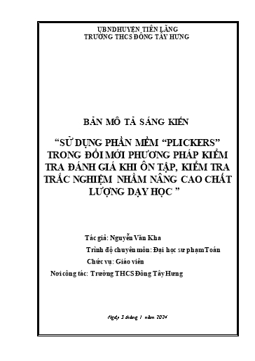 SKKN Sử dụng phần mềm Plickers trong đổi mới phương pháp kiểm tra đánh giá khi ôn tập, kiểm tra trắc nghiệm nhằm nâng cao chất lượng dạy học”